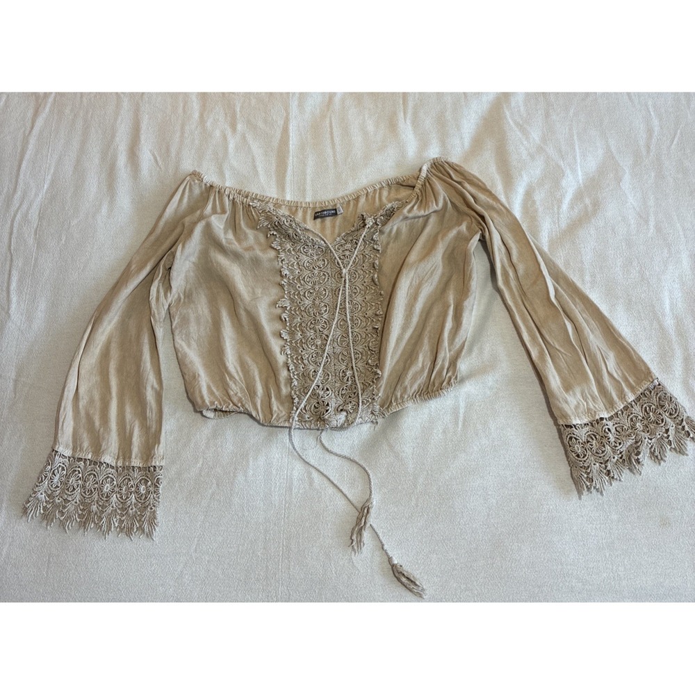 Women's Top Size Large Cream Cropped Boho Peasant Blouse Cottagecore Romantic